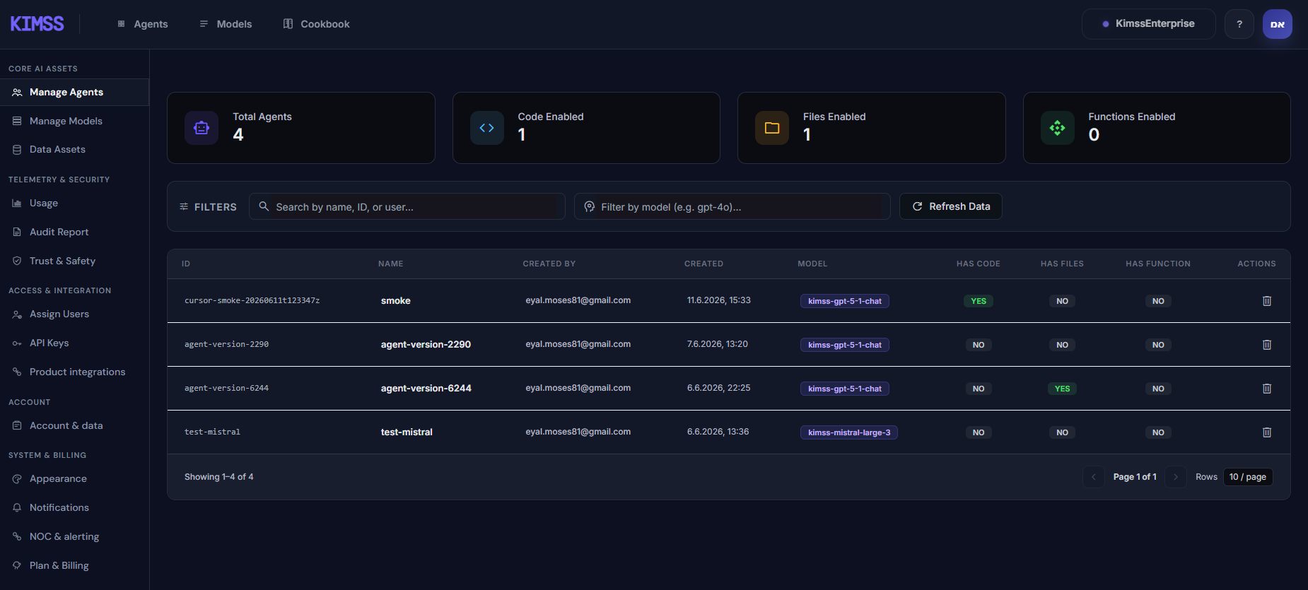 Manage agents dashboard